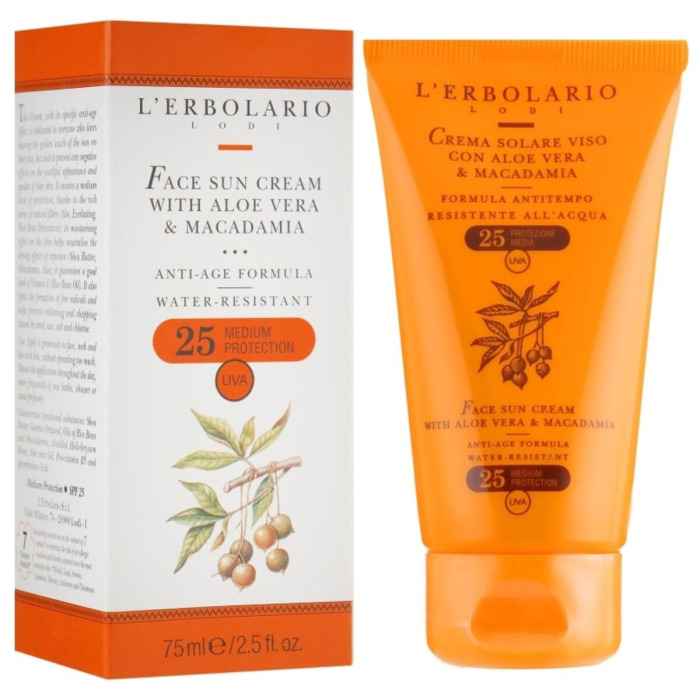 Солнцезащитный Крем для Лица с Алоэ Вера и Макадамией L'Erbolario Lodi Face Sun Cream with Aloe Vera & Macadamia SPF25