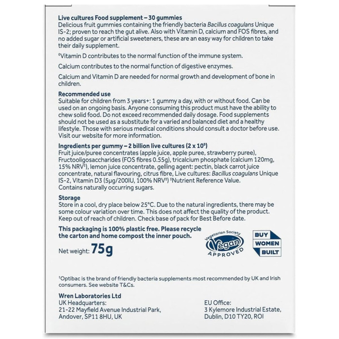 Детские Желейки-Пробиотик с Витамином D, Кальцием и Пребиотиком Optibac Kids Gummies